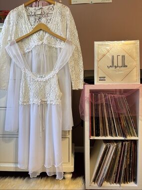 Vintage Y2K Lace Babydoll Slip Robe Set Bridal White Cream Romantic Peignoir XL